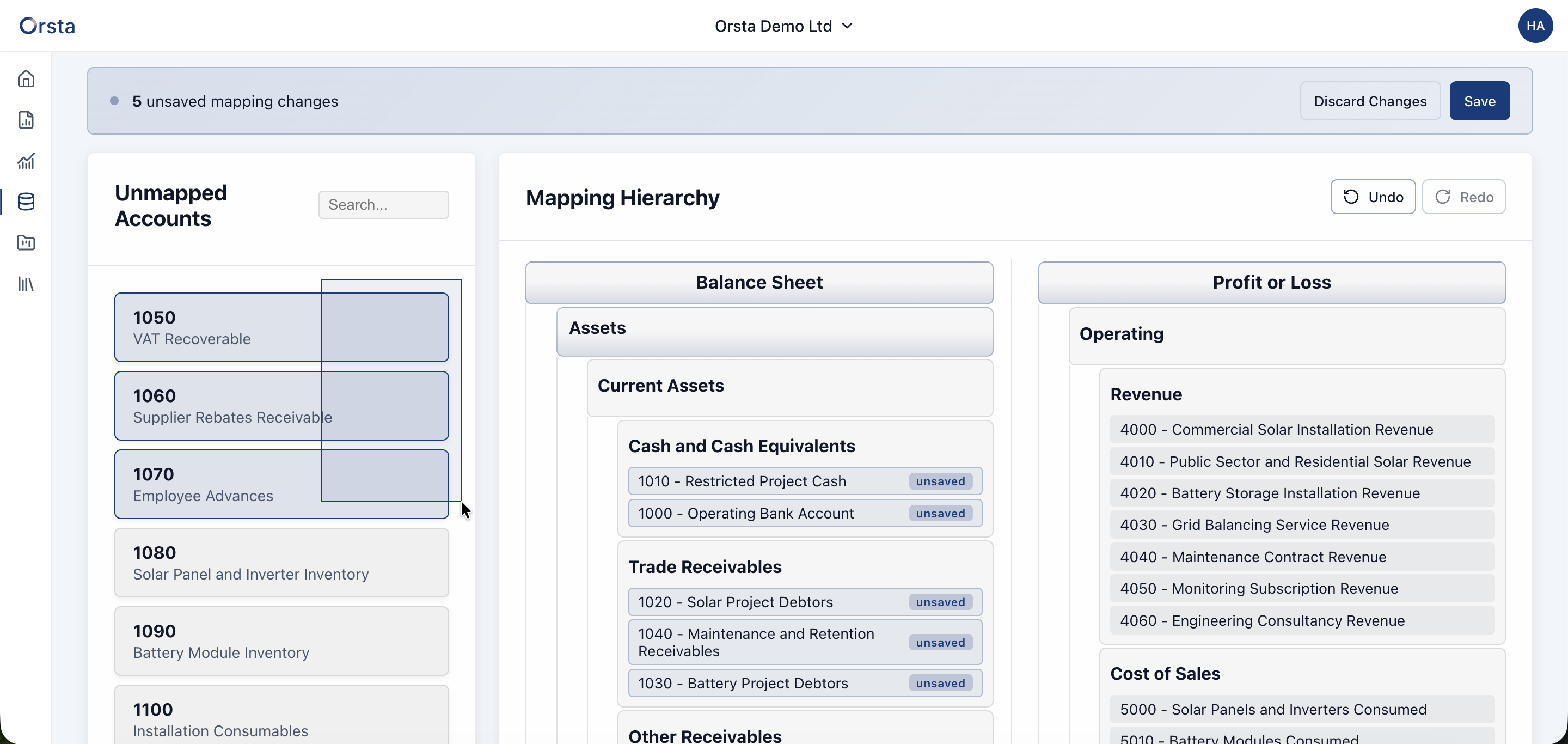 Orsta Demo Ltd mapping accounts, with three unmapped accounts selected together.
