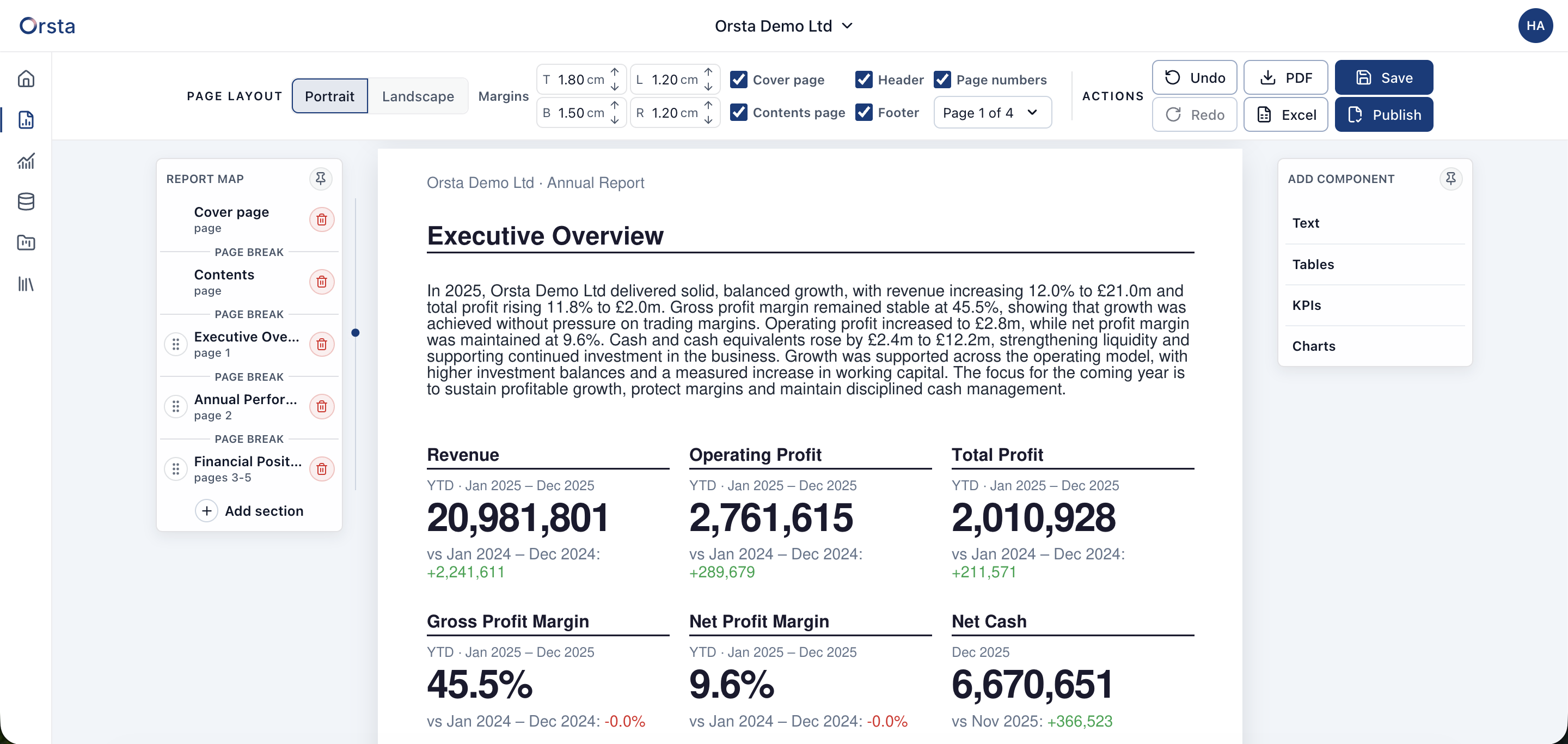 Orsta report builder with a financial report being assembled.