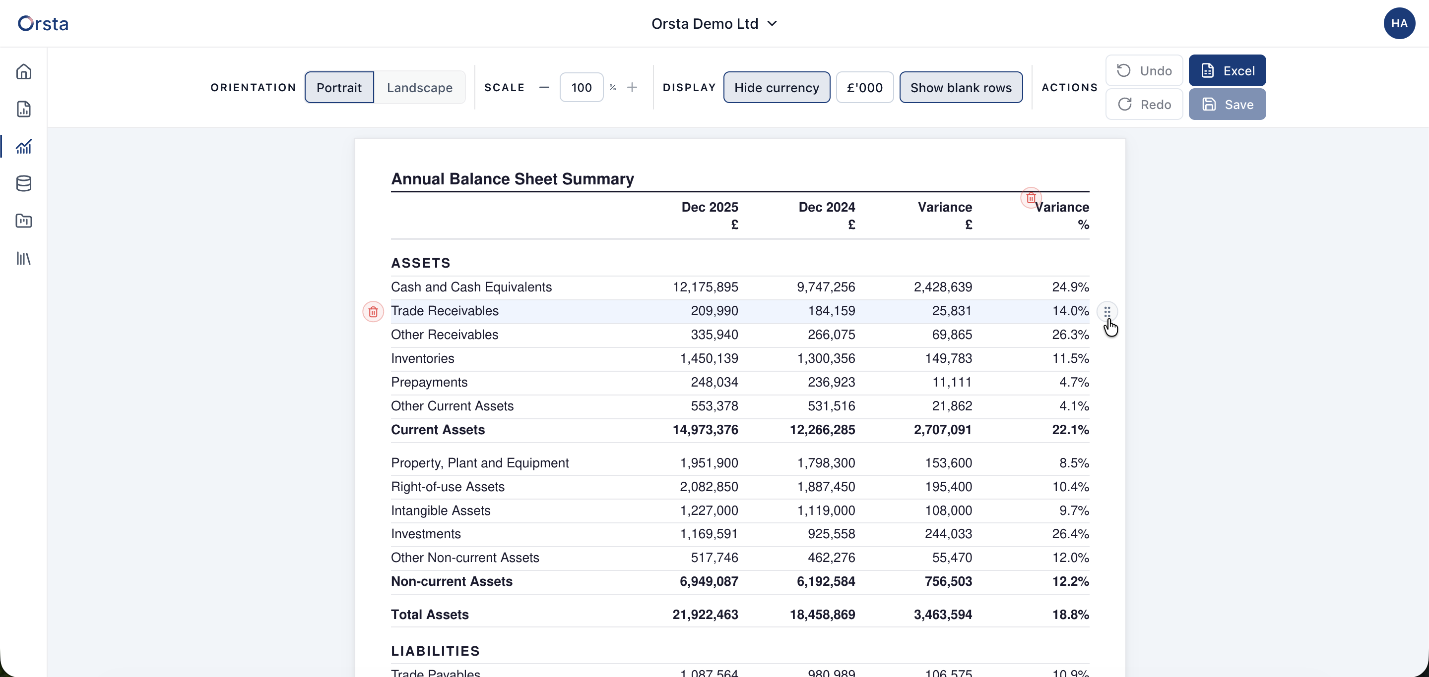Orsta table builder with a financial reporting table being configured.
